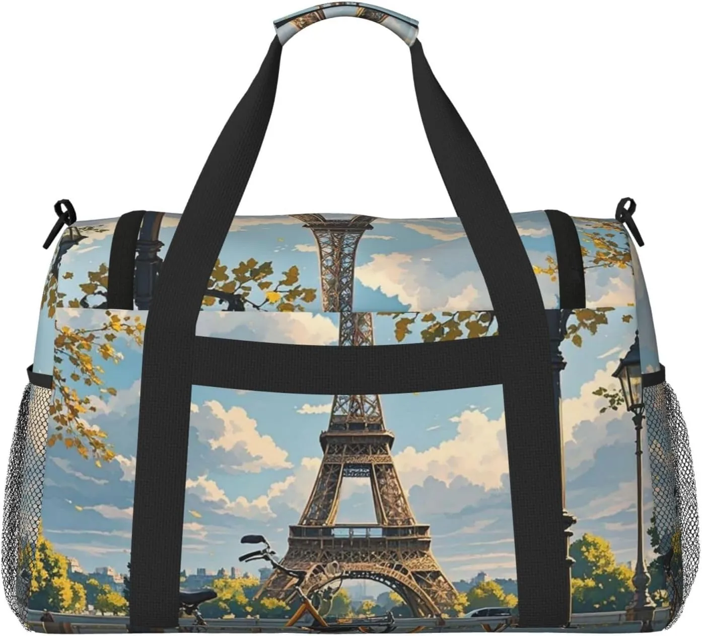 Gym Bag The Eiffel Tower and a Bicycle Duffel Bag for Men Women Travel Overnight Bag with Shoe Compartment Workout Bags