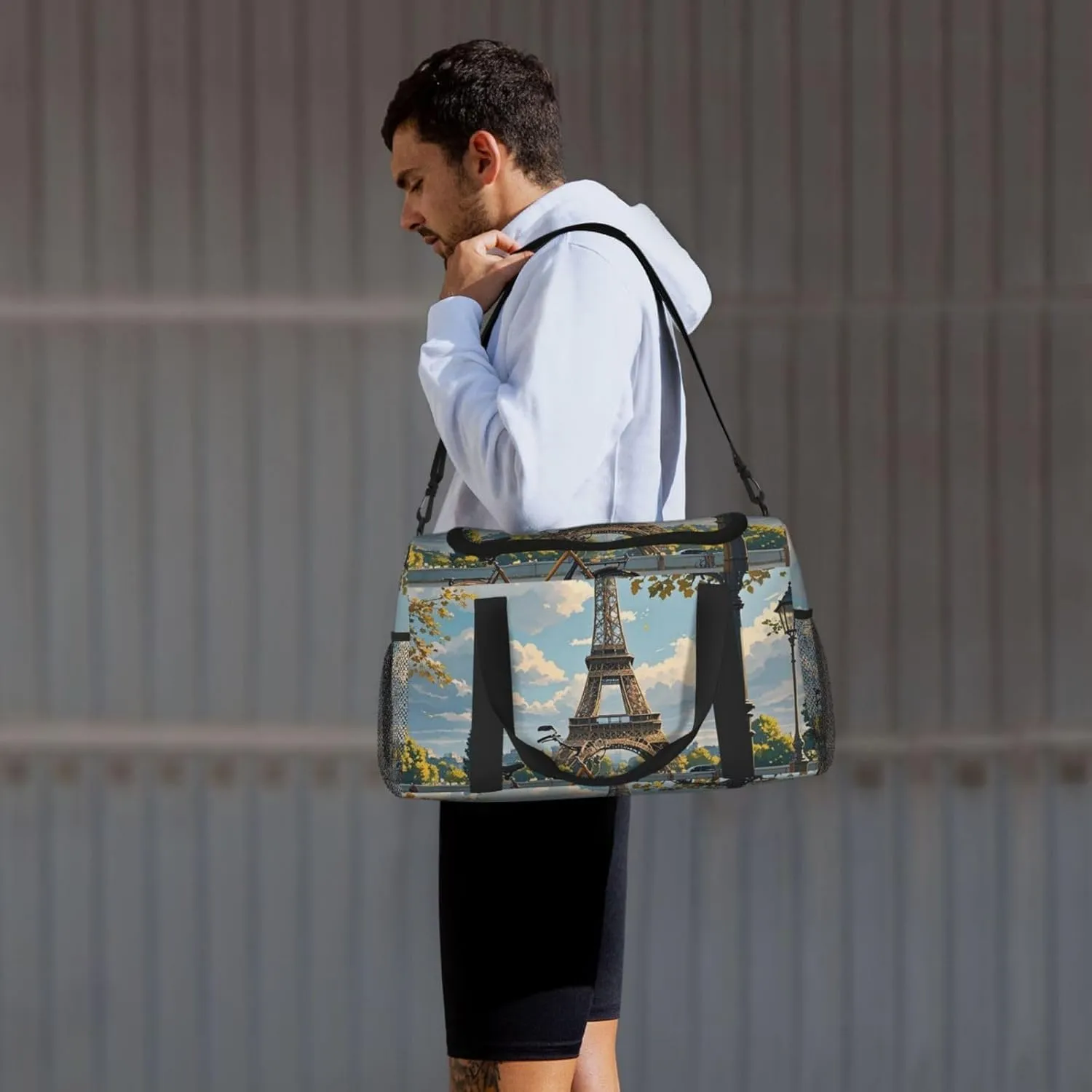 Gym Bag The Eiffel Tower and a Bicycle Duffel Bag for Men Women Travel Overnight Bag with Shoe Compartment Workout Bags