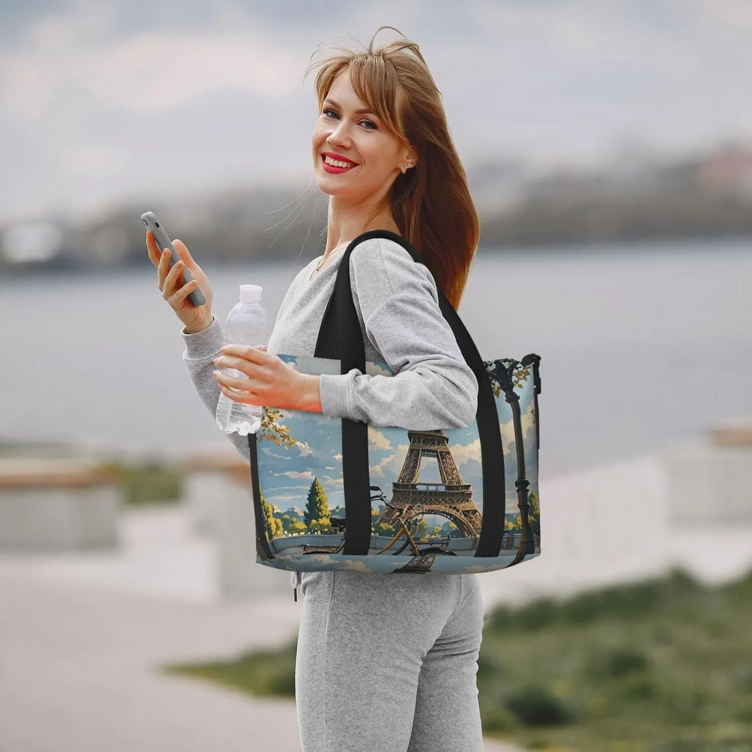Gym Bag The Eiffel Tower and a Bicycle Duffel Bag for Men Women Travel Overnight Bag with Shoe Compartment Workout Bags