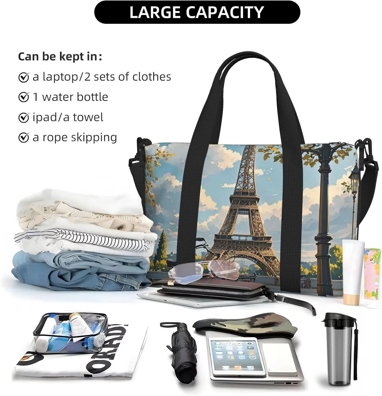 Gym Bag The Eiffel Tower and a Bicycle Duffel Bag for Men Women Travel Overnight Bag with Shoe Compartment Workout Bags
