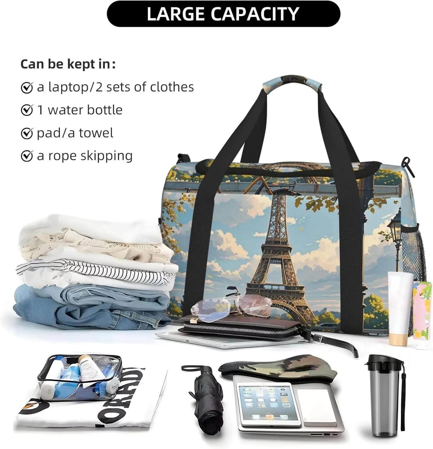 Gym Bag The Eiffel Tower and a Bicycle Duffel Bag for Men Women Travel Overnight Bag with Shoe Compartment Workout Bags
