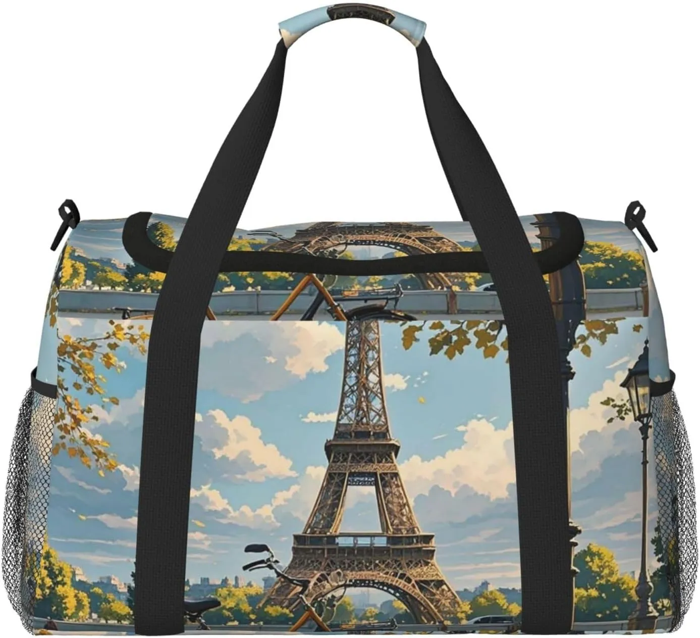 Gym Bag The Eiffel Tower and a Bicycle Duffel Bag for Men Women Travel Overnight Bag with Shoe Compartment Workout Bags