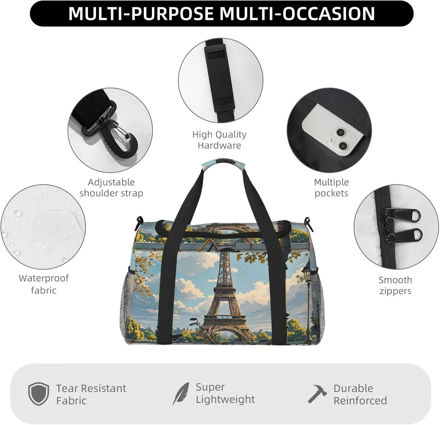 Gym Bag The Eiffel Tower and a Bicycle Duffel Bag for Men Women Travel Overnight Bag with Shoe Compartment Workout Bags