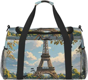 Gym Bag The Eiffel Tower and a Bicycle Duffel Bag for Men Women Travel Overnight Bag with Shoe Compartment Workout Bags