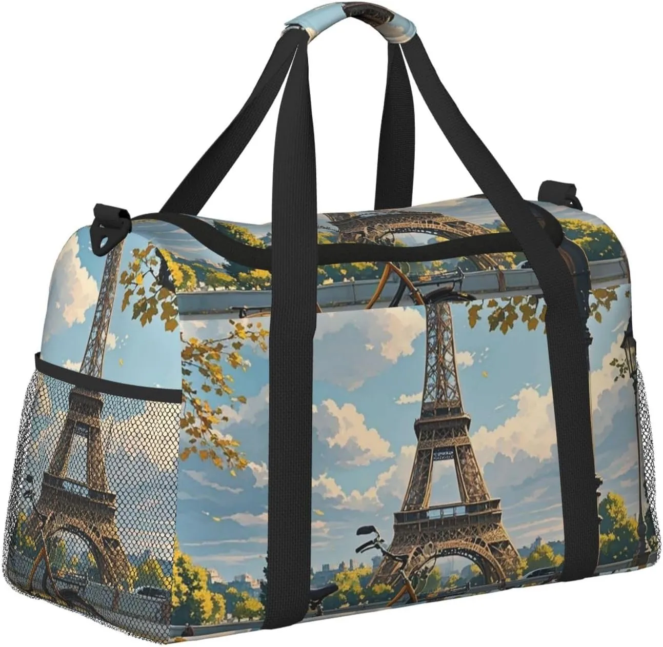 Gym Bag The Eiffel Tower and a Bicycle Duffel Bag for Men Women Travel Overnight Bag with Shoe Compartment Workout Bags