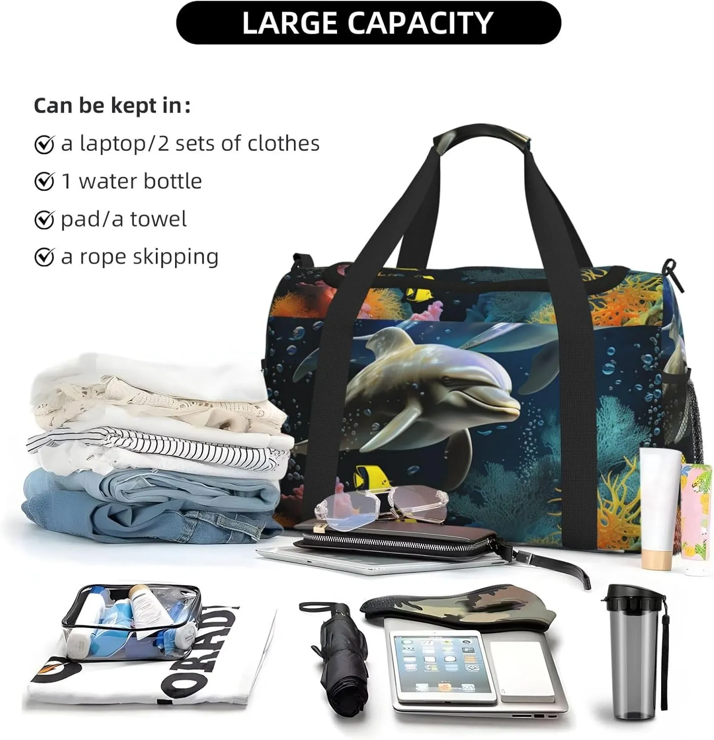 Gym Bag Two Dolphin and fish Duffel Bag for Men Women Travel Overnight Bag with Shoe Compartment Workout Bags
