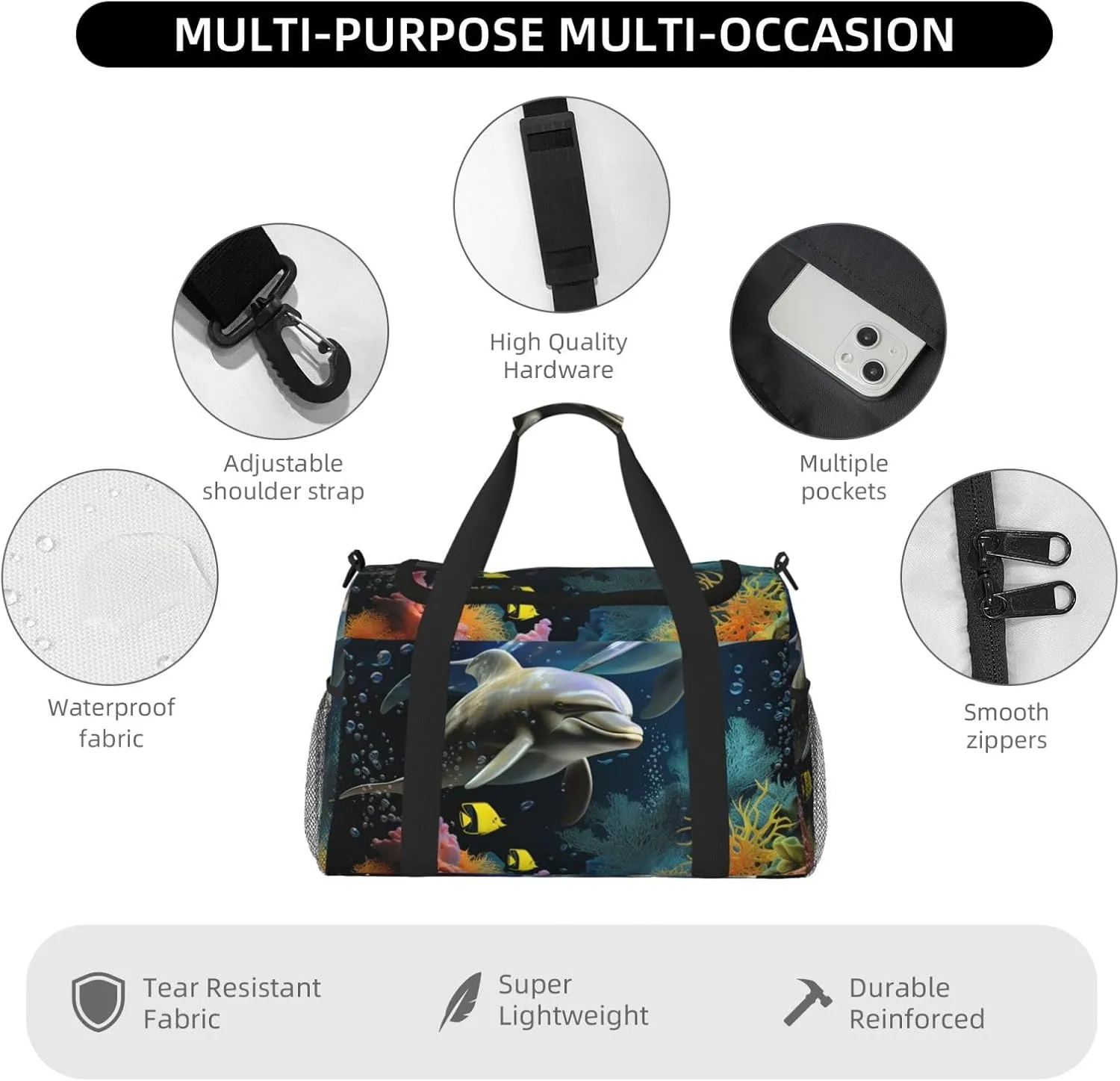 Gym Bag Two Dolphin and fish Duffel Bag for Men Women Travel Overnight Bag with Shoe Compartment Workout Bags