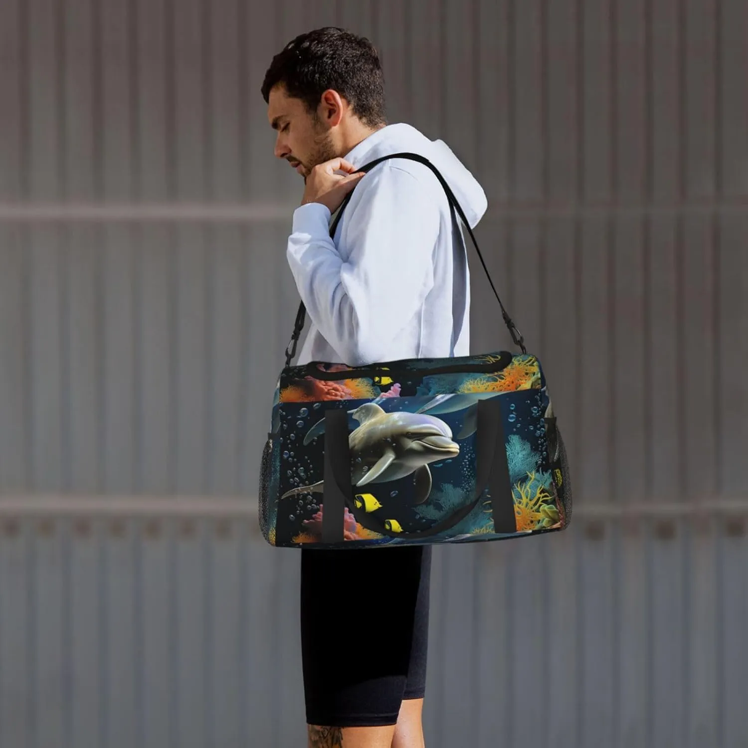 Gym Bag Two Dolphin and fish Duffel Bag for Men Women Travel Overnight Bag with Shoe Compartment Workout Bags