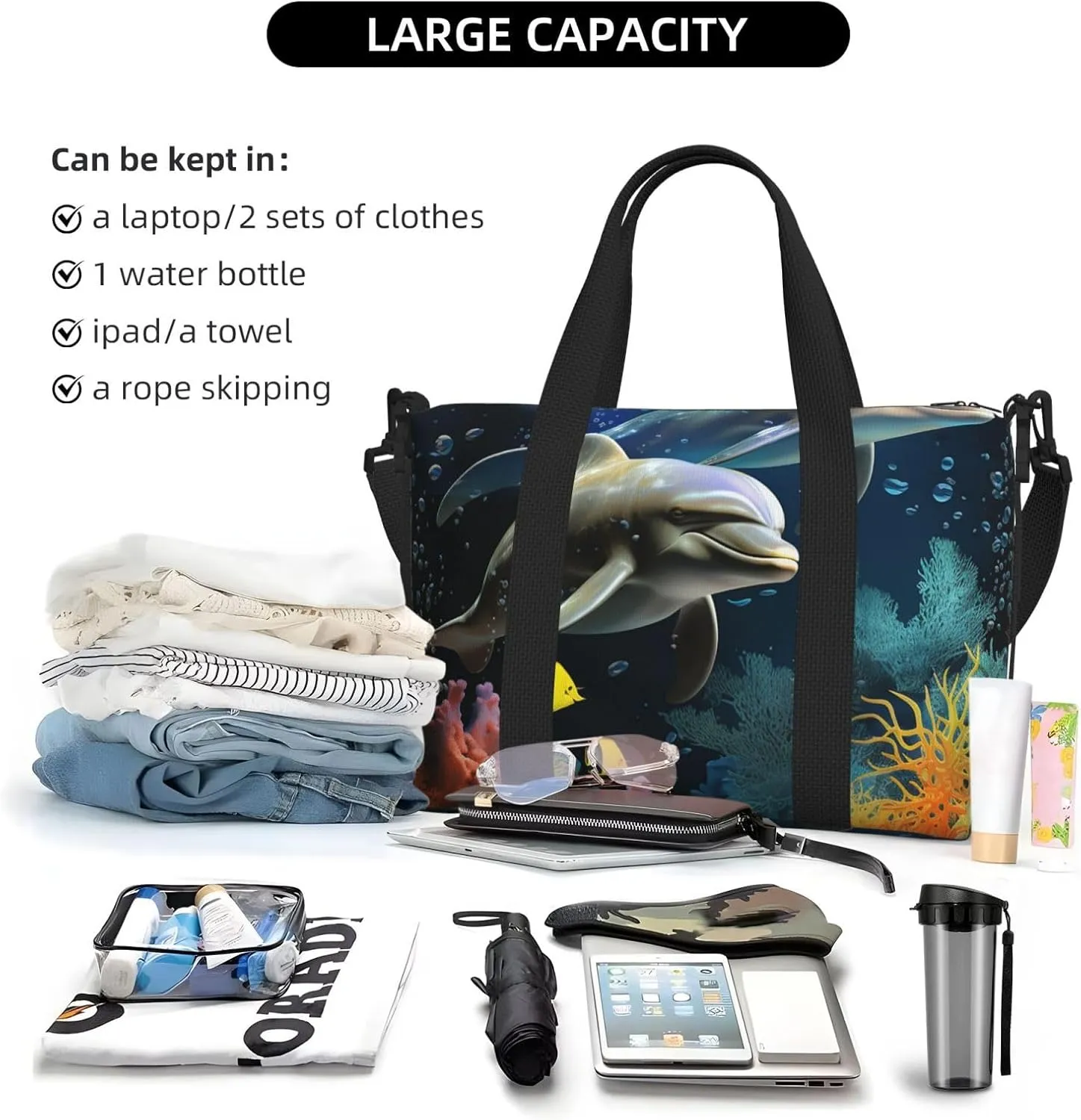 Gym Bag Two Dolphin and fish Duffel Bag for Men Women Travel Overnight Bag with Shoe Compartment Workout Bags