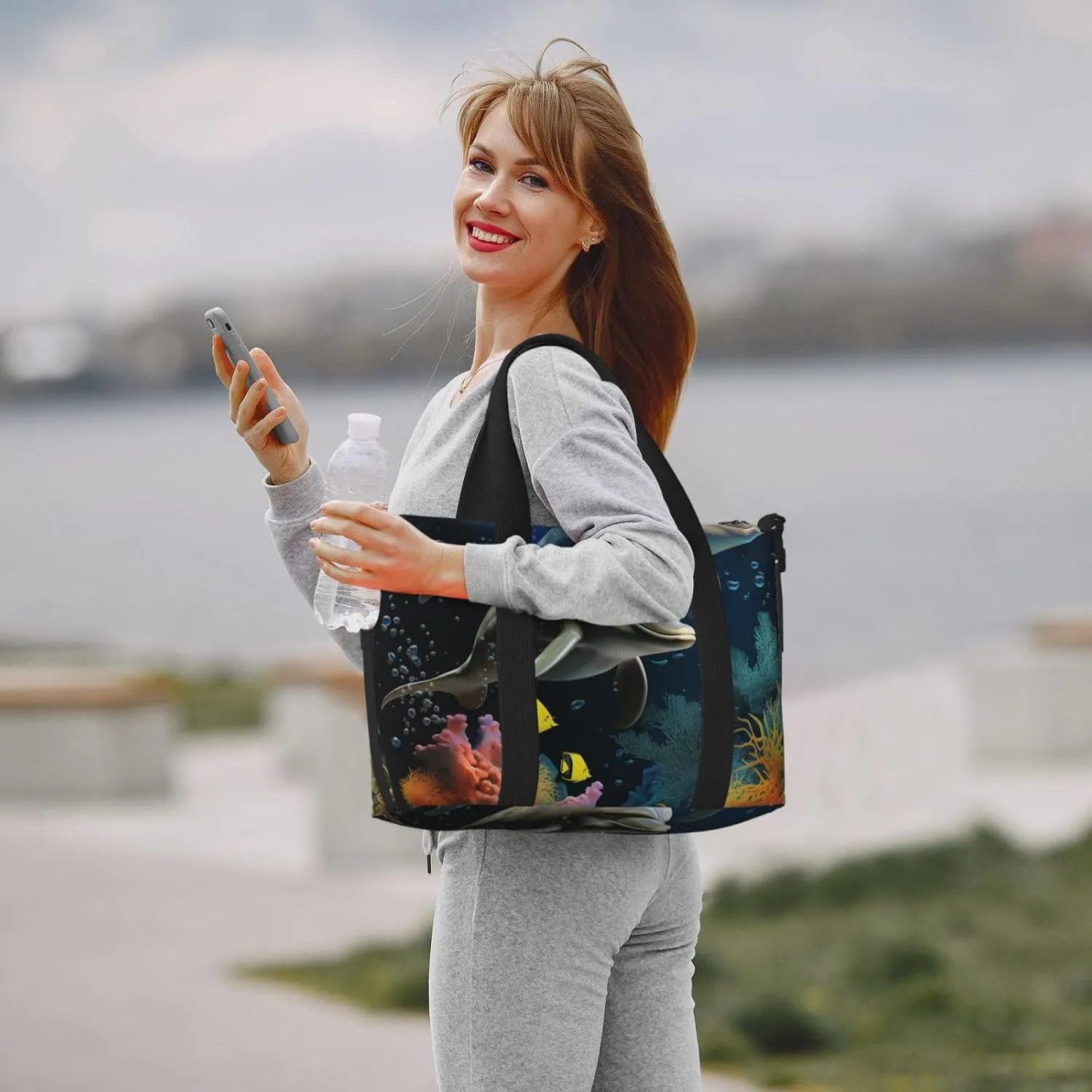 Gym Bag Two Dolphin and fish Duffel Bag for Men Women Travel Overnight Bag with Shoe Compartment Workout Bags