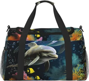 Gym Bag Two Dolphin and fish Duffel Bag for Men Women Travel Overnight Bag with Shoe Compartment Workout Bags