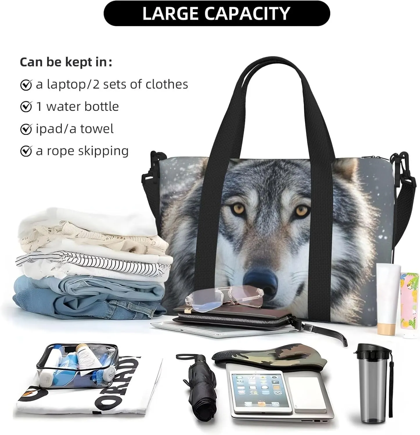 Gym Bag Wild Wild Gray Wolf Duffel Bag for Men Women Travel Overnight Bag with Shoe Compartment Workout Bags
