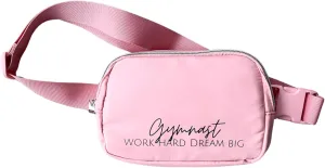 Gymnast Belt Bag – Light Pink Fanny Pack with 'Work Hard Dream Big' Print, Perfect for Gymnasts
