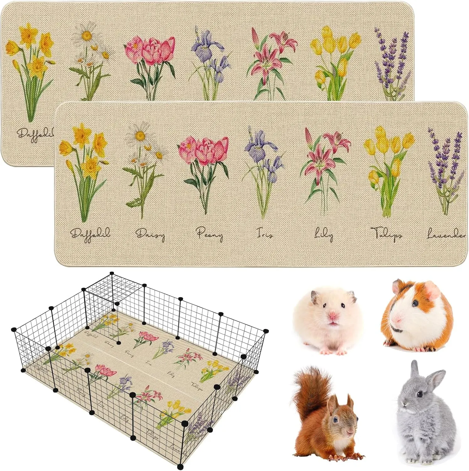 Hamiledyi Guinea Pig Cage Liner 2 Packs Reusable Guinea Pig Pee Pads with Flower Pattern Washable Small Animal Mats for Rabbit Hamster Chinchilla Rat and Other Small Pets (47" L x 16" W)