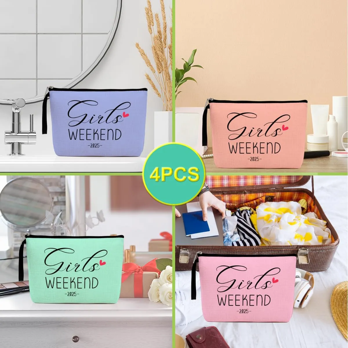 Hanamiya Na 4Pcs Weekend Makeup Bag Trip Gifts Favors Bag Girls Weekend Gifts Friendship Gifts for Women Girls BFF Bride Cosmetic Bag Zipper Pouch Wedding birthday Bachelorette Party