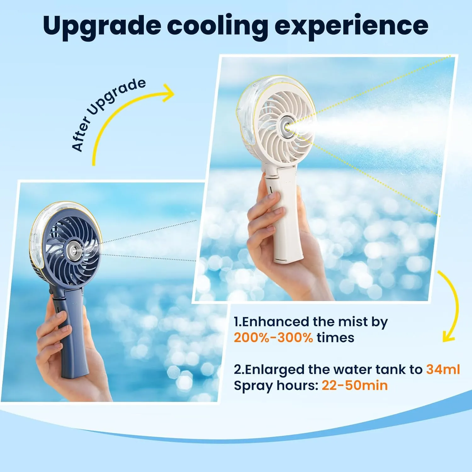 HandFan Upgraded Portable Handheld Misting Fan, Rechargeable Personal Mister, Battery Operated Spray Water Mist, Foldable Electric Mini Cooling Hand Fan for Beach, Travel, Outdoors, Makeup (Beige)