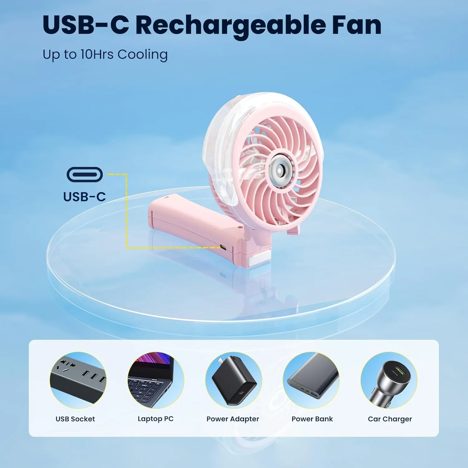 HandFan Upgraded Portable Handheld Misting Fan, Rechargeable Personal Mister Fan, Battery Operated Spray Water Mist Fans, Foldable Electric Mini Cooling Hand Fans for Beach Travel Outdoors(Pink)