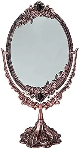 Handheld Makeup Mirror Double-Sided Retro Makeup Mirror,European Style Metal Desktop Vanity Mirror HD Beauty Desktop Princess Mirror (A A)
