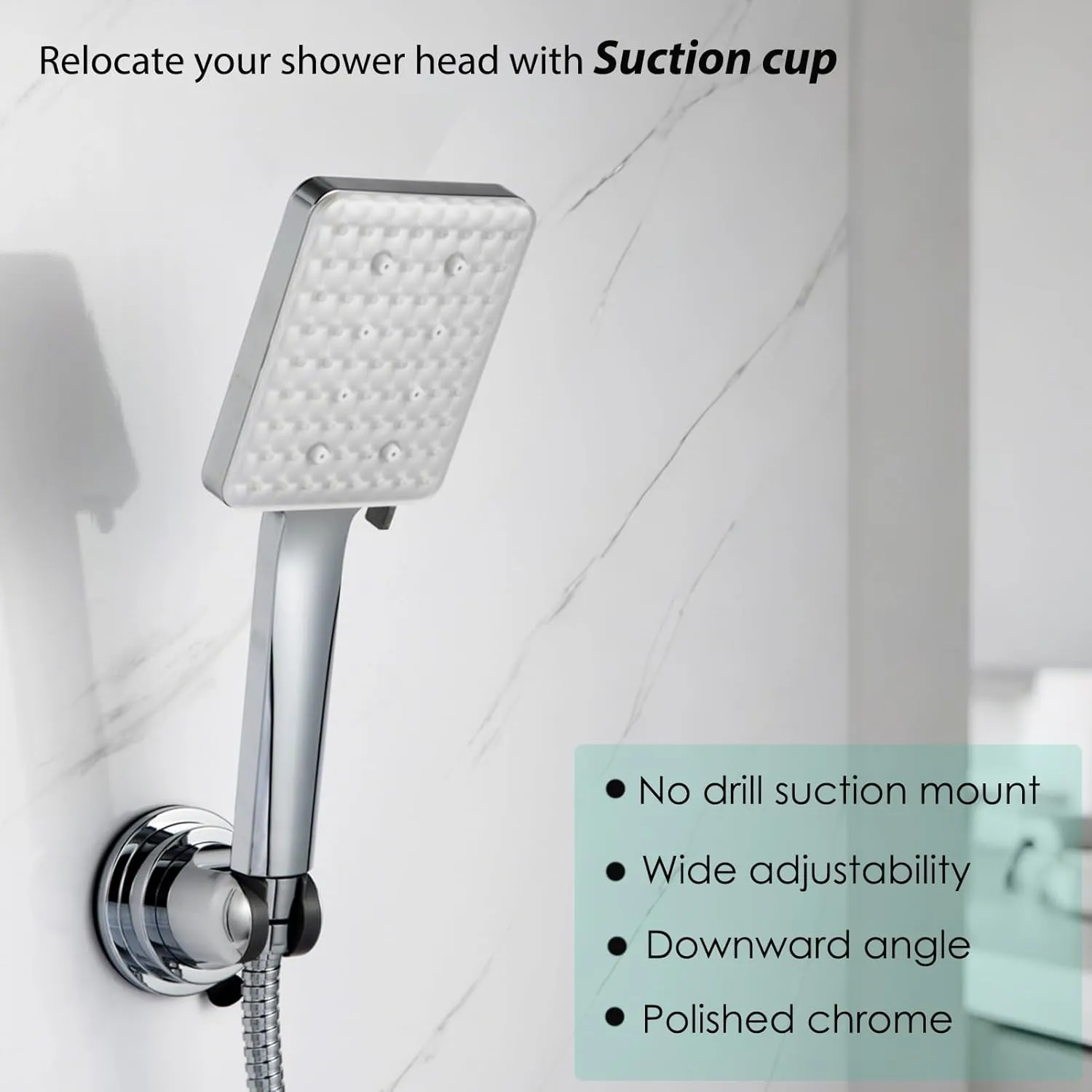 Handheld Shower Head Holder - Enhanced Suction Cup - Relocatable - Wide Angles Adjustable - 90° Downward - Wall Friendly - Bathroom Wall Mount Shower Wand Holder (Polished Chrome)