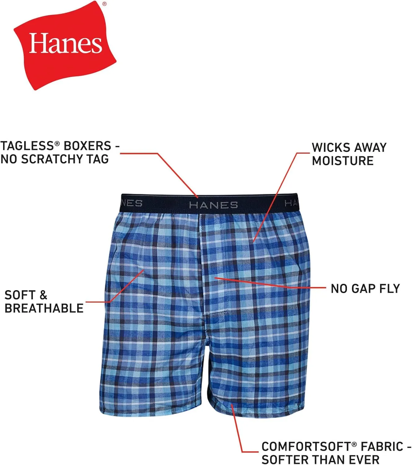 Hanes Men's Tagless Boxer Underwear, Exposed Waistband, Multi-packs Available