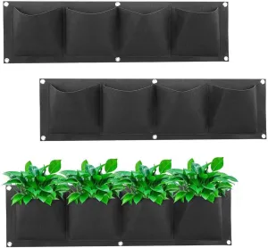 Hanging Planting Grow Bags, 2 Pack 4 Pockets Horizontal Wall Mount Planter Garden Hanging Grow Bags Seedling Wall Planter Gardening Planter Pocket for Yard Garden Home Decoration, Black