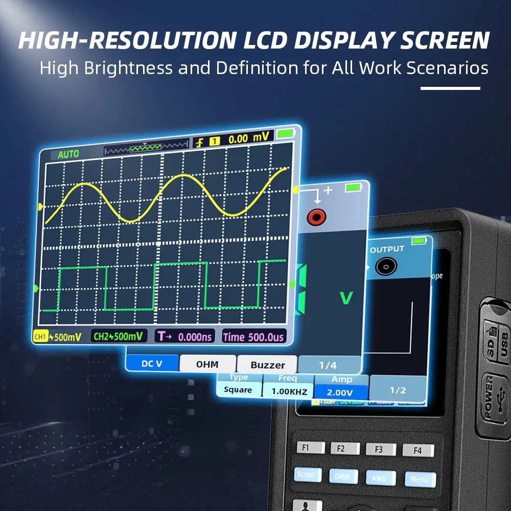 Hantek 2D72 Handheld Oscilloscope 70MHz Waveform Generator Multimeter 3 in 1 Multifunction Tester 2CH AFG DMM