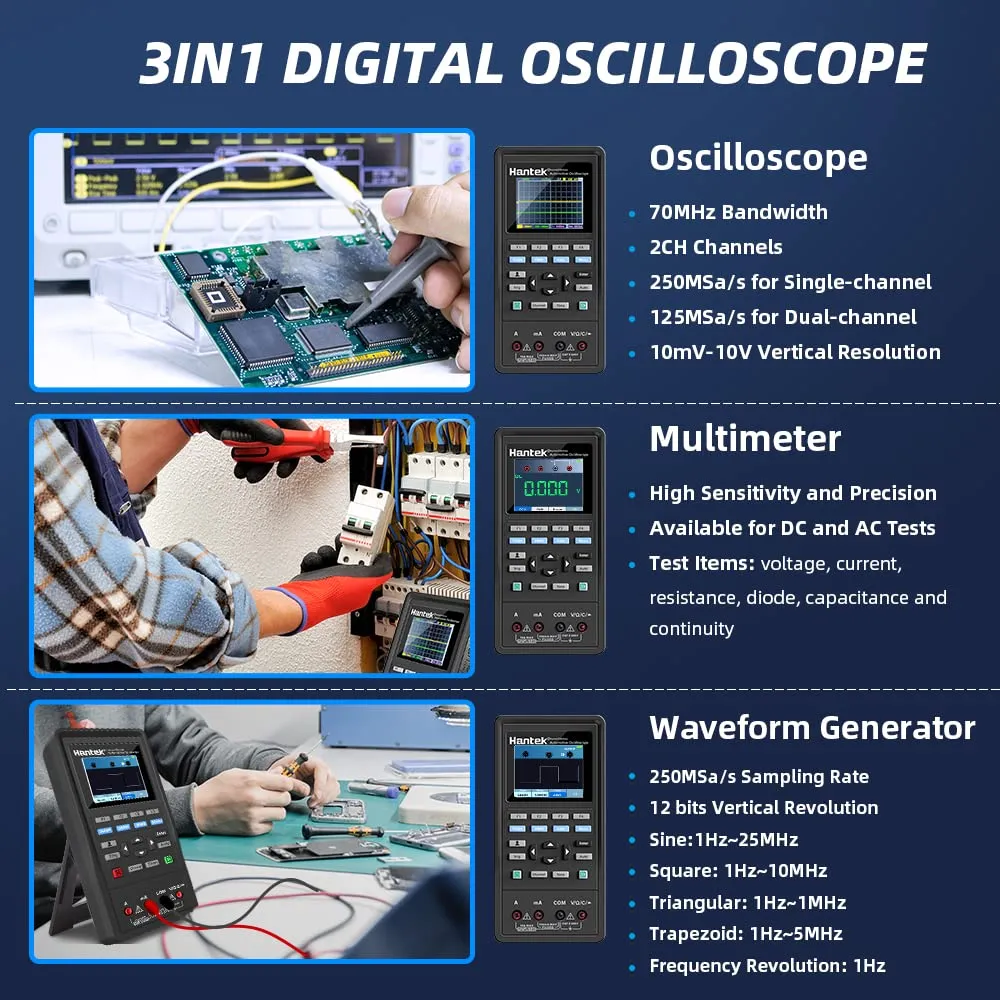 Hantek 2D72 Handheld Oscilloscope 70MHz Waveform Generator Multimeter 3 in 1 Multifunction Tester 2CH AFG DMM