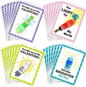 Haooryx Valentine's Exchange Gifts Bulk - 28-Pack LED Finger Lights Valentine's Day Greeting Cards Kids' Multi-Item Party Favor Packs Classroom Gift Exchange Glow-in-the-Dark Toys Bulk Party Supplies