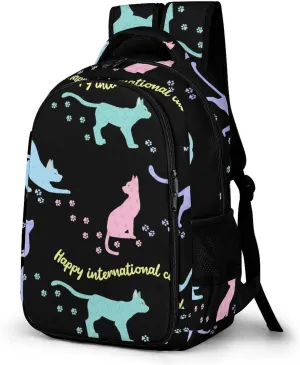 Happy International Cat Day Large Travel Backpack Cute Poses Bags Daypack Laptop Work Computer Hiking Back Packs with Multiple Pockets