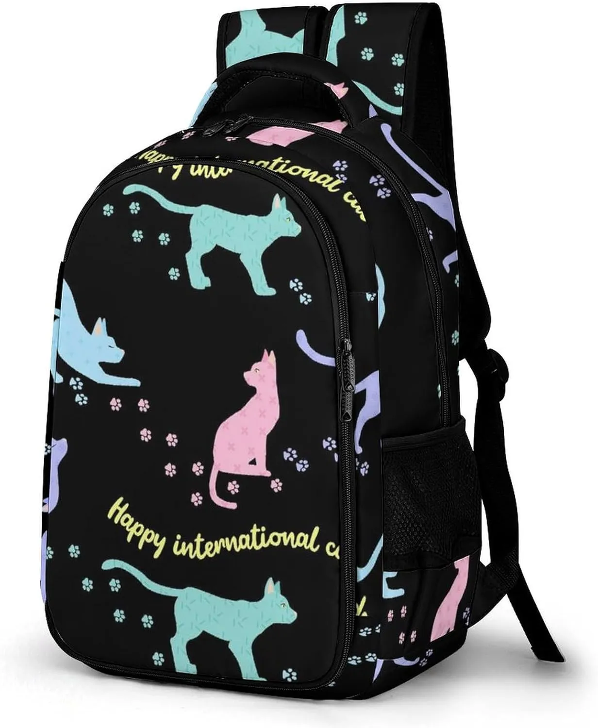 Happy International Cat Day Large Travel Backpack Cute Poses Bags Daypack Laptop Work Computer Hiking Back Packs with Multiple Pockets