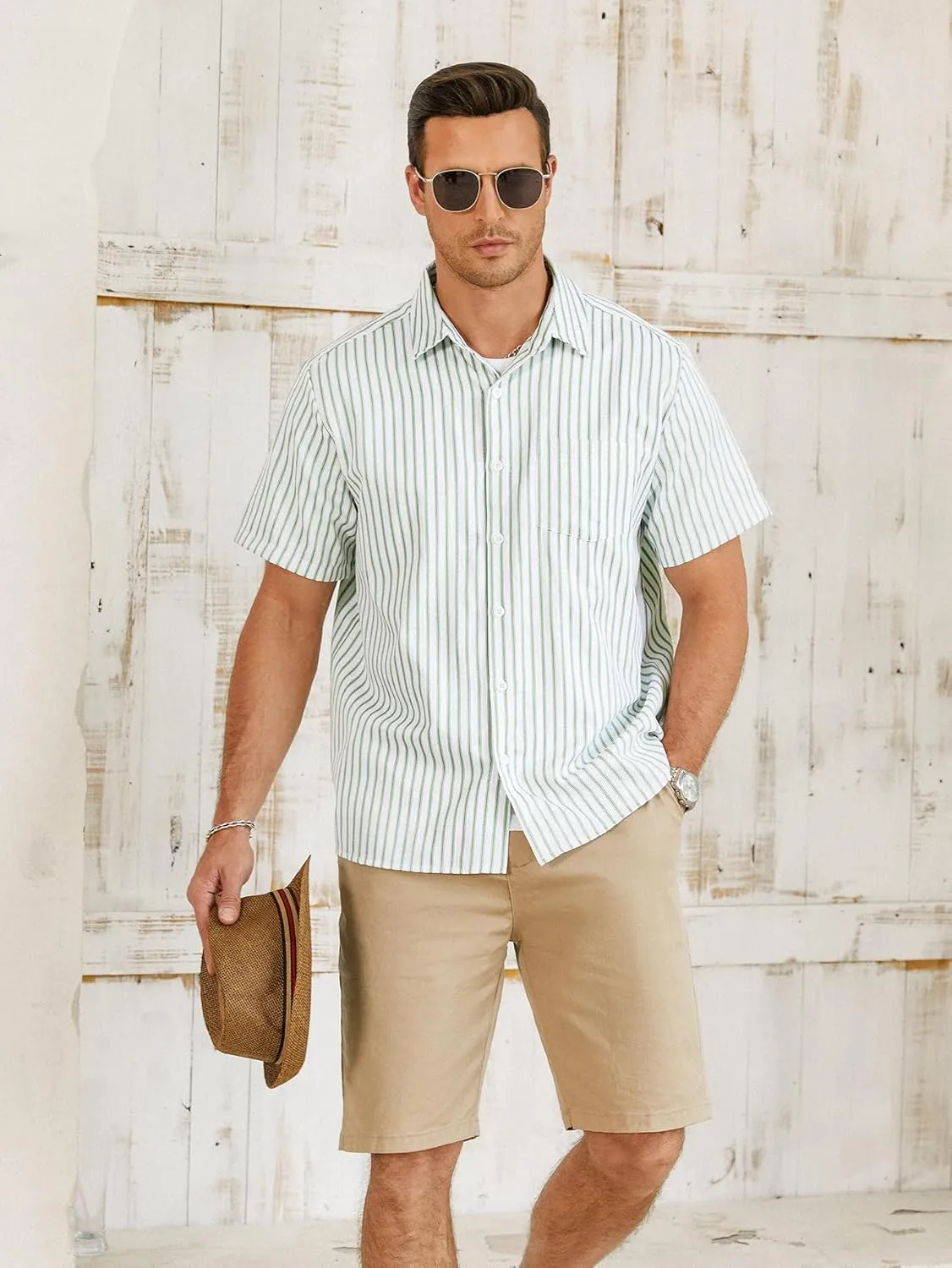 Hardaddy Men's Casual Striped Shirts Button Down Short Sleeve Blouse Summer Hawaiian Shirt