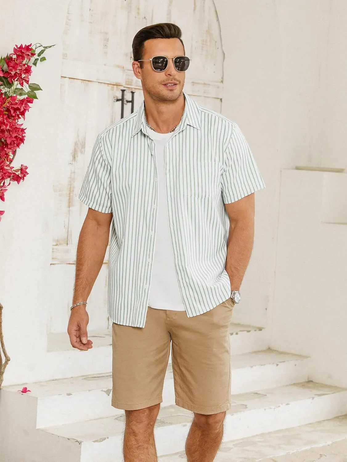 Hardaddy Men's Casual Striped Shirts Button Down Short Sleeve Blouse Summer Hawaiian Shirt