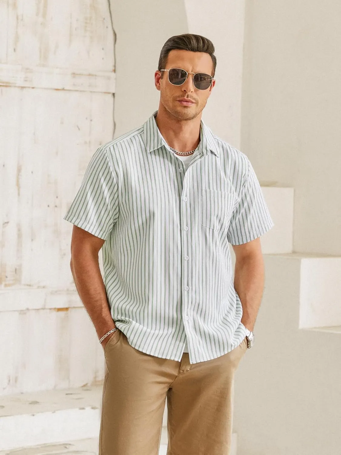 Hardaddy Men's Casual Striped Shirts Button Down Short Sleeve Blouse Summer Hawaiian Shirt
