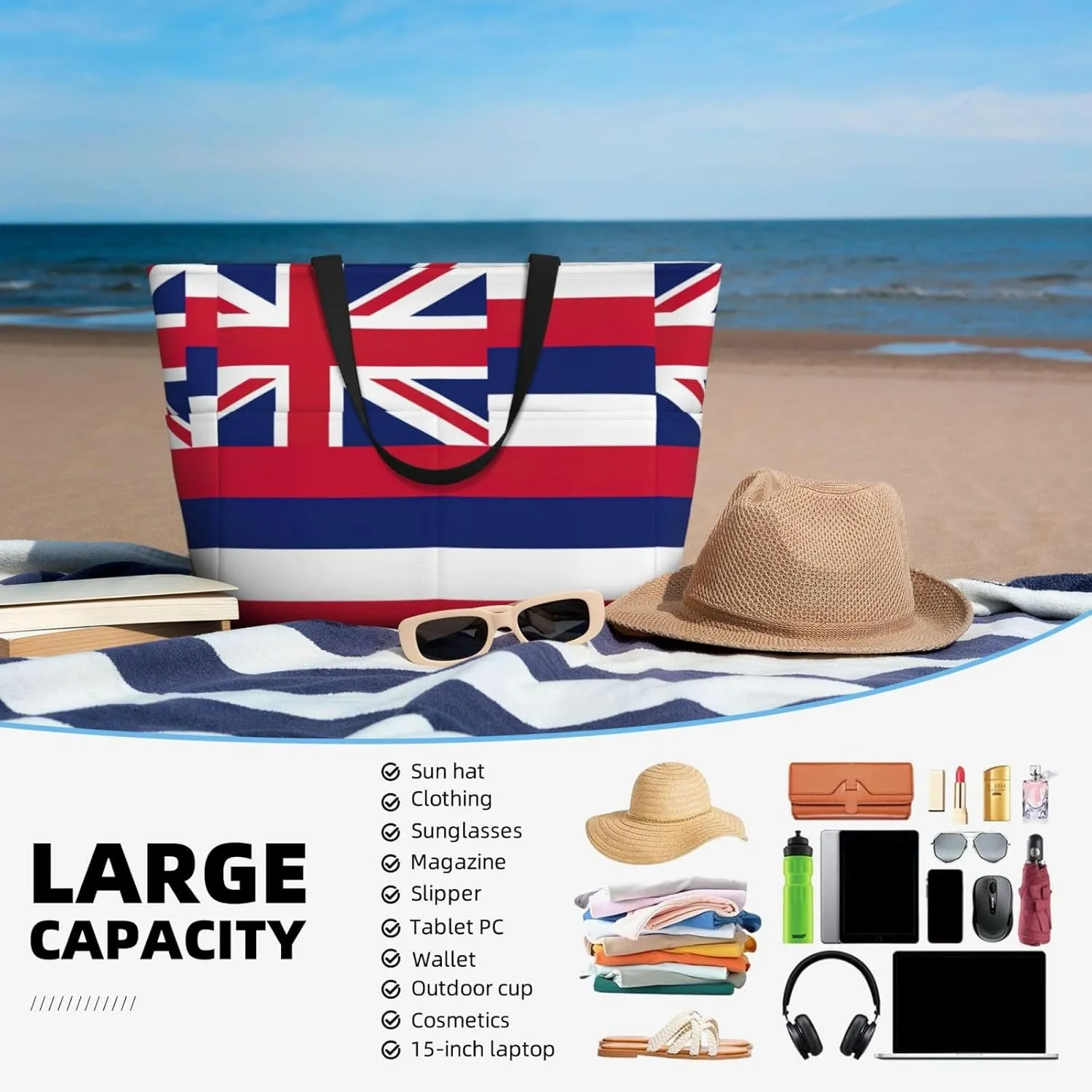 Hawaii Flag Large Capacity Foldable Tote Bag Women Beach Tote Bag Handbag Gym Bag Travel Shopping Bag
