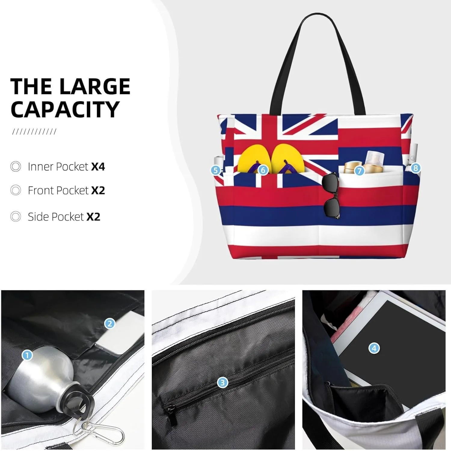 Hawaii Flag Large Capacity Foldable Tote Bag Women Beach Tote Bag Handbag Gym Bag Travel Shopping Bag