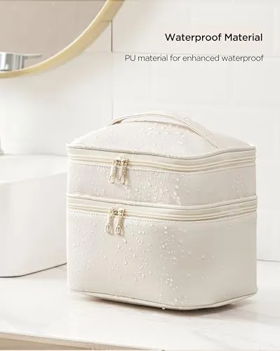 HBlife Double Layer Travel Makeup Bag Portable Cute Leather Cosmetic Bag Large Make Up Bag Makeup Case Organizer Toiletry Bag for Women Girls with Handle and Removable Divider(Beige)