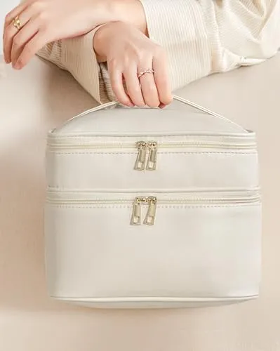 HBlife Double Layer Travel Makeup Bag Portable Cute Leather Cosmetic Bag Large Make Up Bag Makeup Case Organizer Toiletry Bag for Women Girls with Handle and Removable Divider(Beige)
