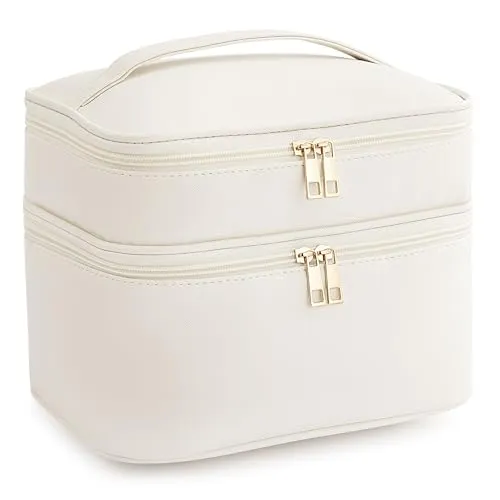 HBlife Double Layer Travel Makeup Bag Portable Cute Leather Cosmetic Bag Large Make Up Bag Makeup Case Organizer Toiletry Bag for Women Girls with Handle and Removable Divider(Beige)