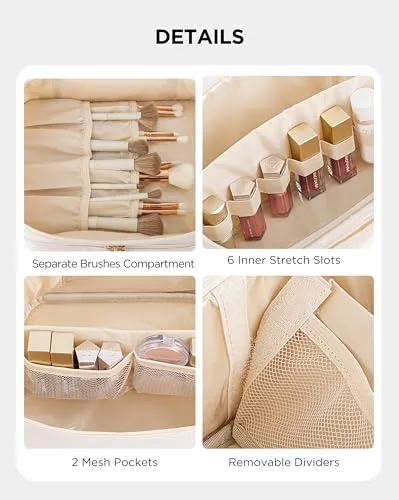 HBlife Double Layer Travel Makeup Bag Portable Cute Leather Cosmetic Bag Large Make Up Bag Makeup Case Organizer Toiletry Bag for Women Girls with Handle and Removable Divider(Beige)