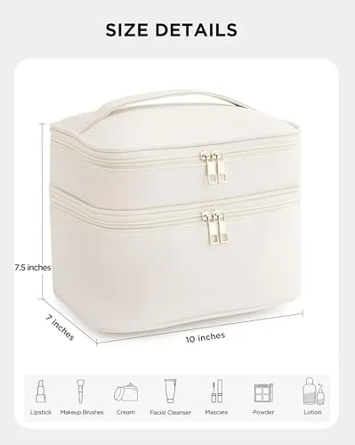 HBlife Double Layer Travel Makeup Bag Portable Cute Leather Cosmetic Bag Large Make Up Bag Makeup Case Organizer Toiletry Bag for Women Girls with Handle and Removable Divider(Beige)