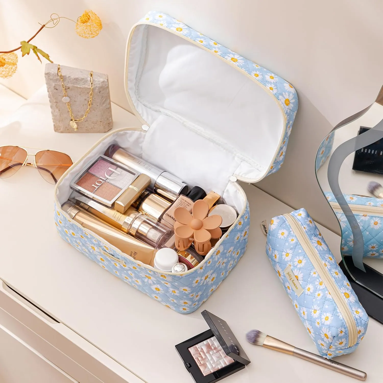 HBselect Quilted Makeup Bag, 3PCS Cotton Large Travel Makeup Bag, Cute Floral Coquette Make up Bag Cosmetic Bag Toiletry Bag for Women Girls
