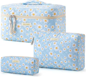HBselect Quilted Makeup Bag, 3PCS Cotton Large Travel Makeup Bag, Cute Floral Coquette Make up Bag Cosmetic Bag Toiletry Bag for Women Girls