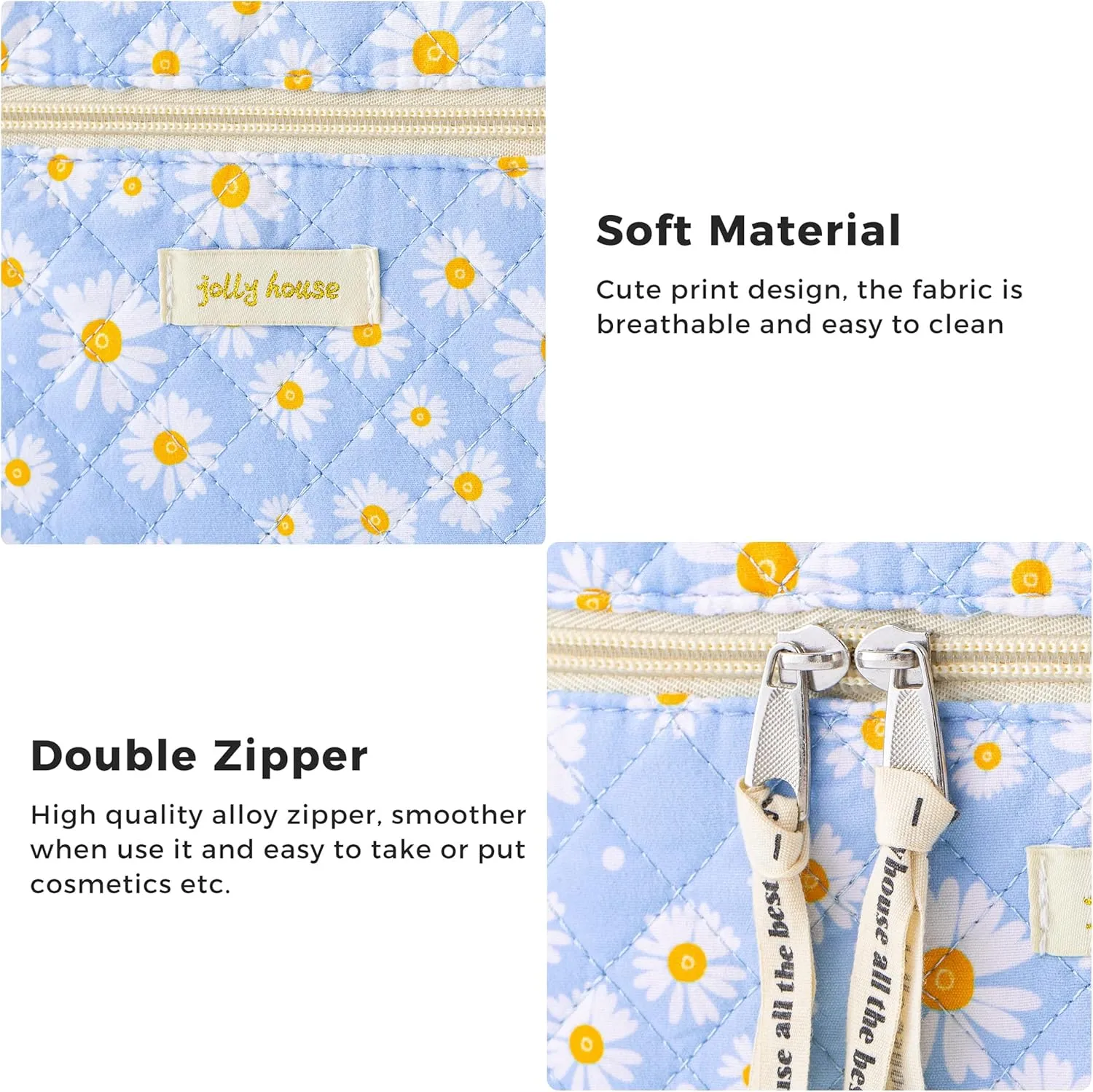 HBselect Quilted Makeup Bag, 3PCS Cotton Large Travel Makeup Bag, Cute Floral Coquette Make up Bag Cosmetic Bag Toiletry Bag for Women Girls