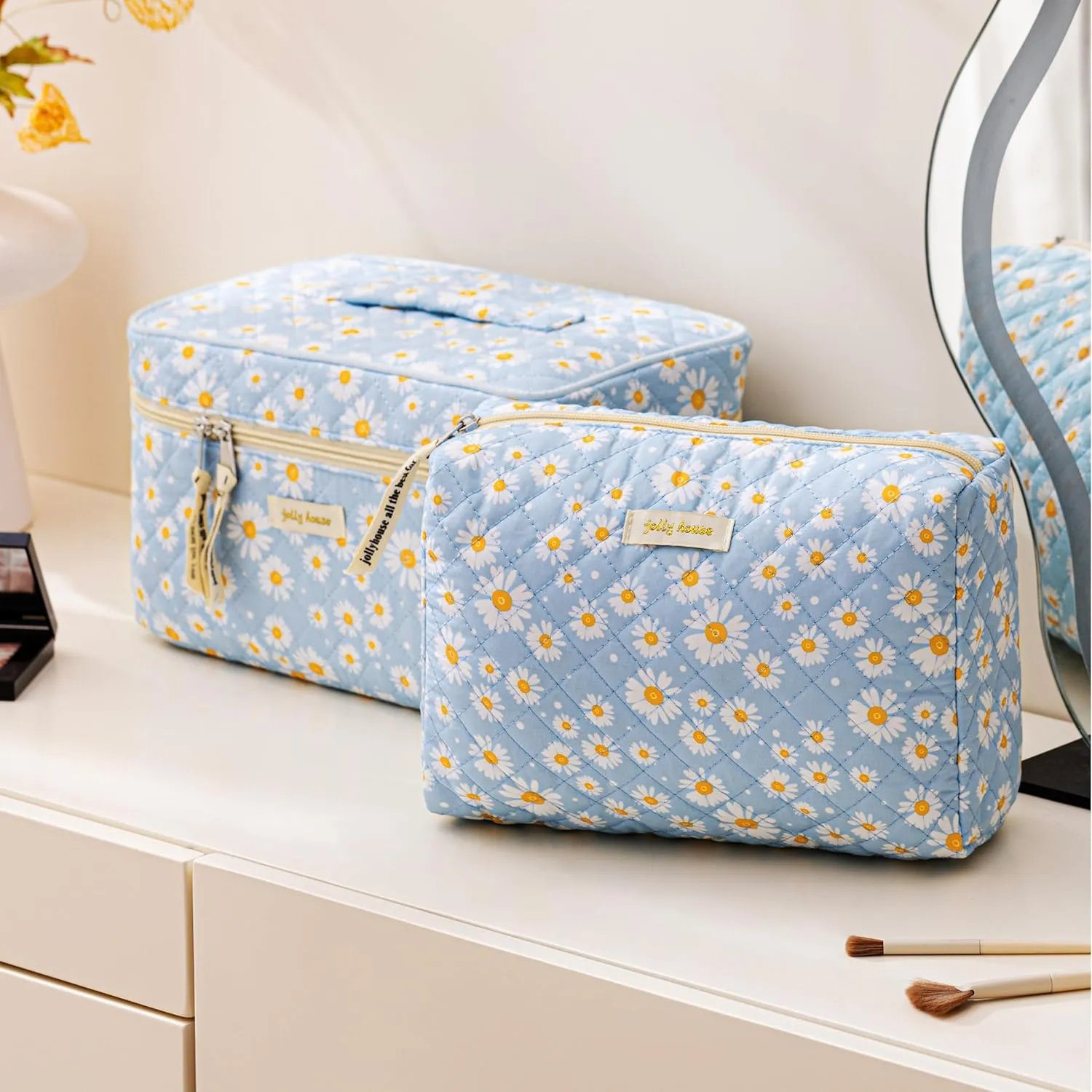HBselect Quilted Makeup Bag, 3PCS Cotton Large Travel Makeup Bag, Cute Floral Coquette Make up Bag Cosmetic Bag Toiletry Bag for Women Girls