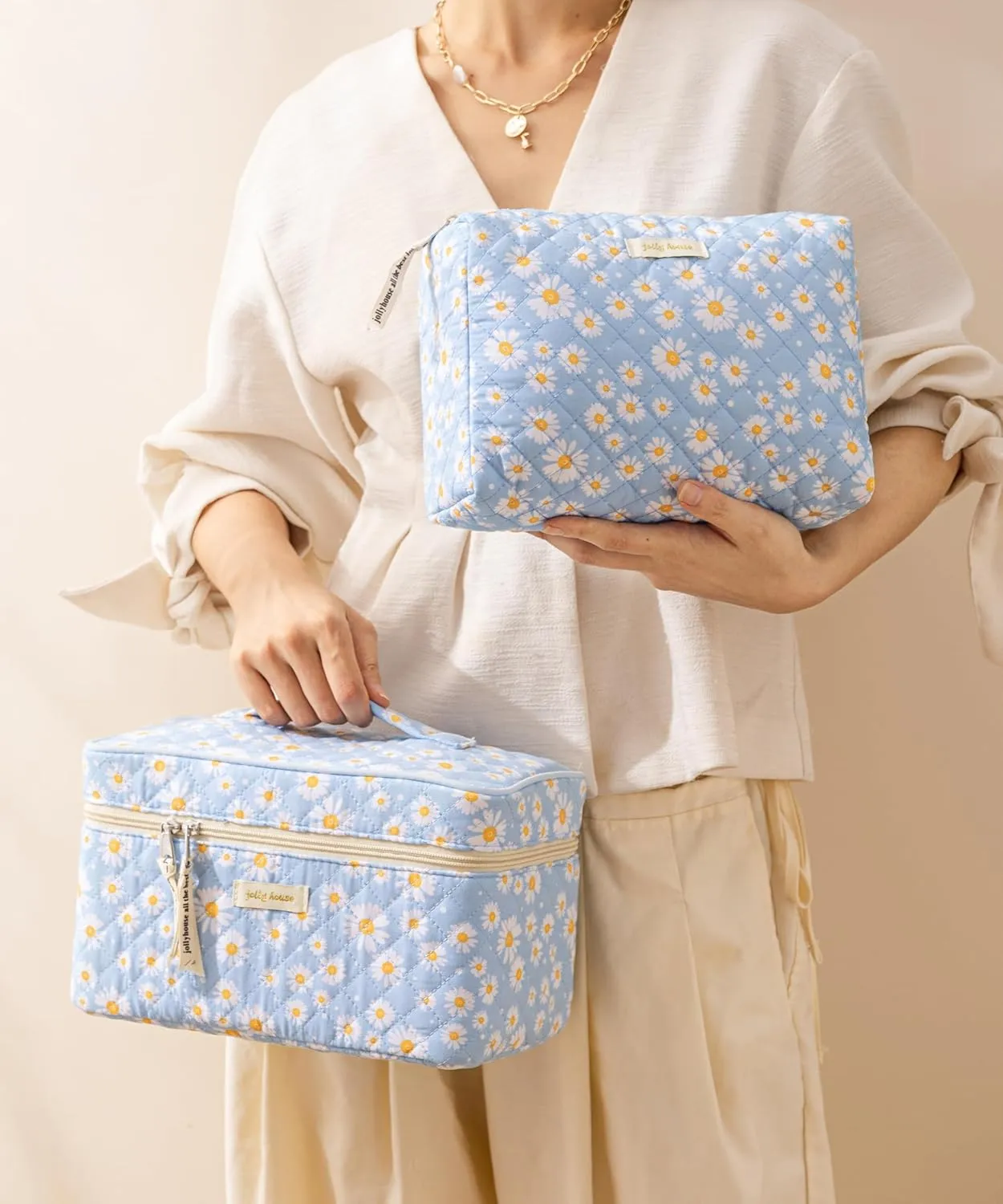 HBselect Quilted Makeup Bag, 3PCS Cotton Large Travel Makeup Bag, Cute Floral Coquette Make up Bag Cosmetic Bag Toiletry Bag for Women Girls