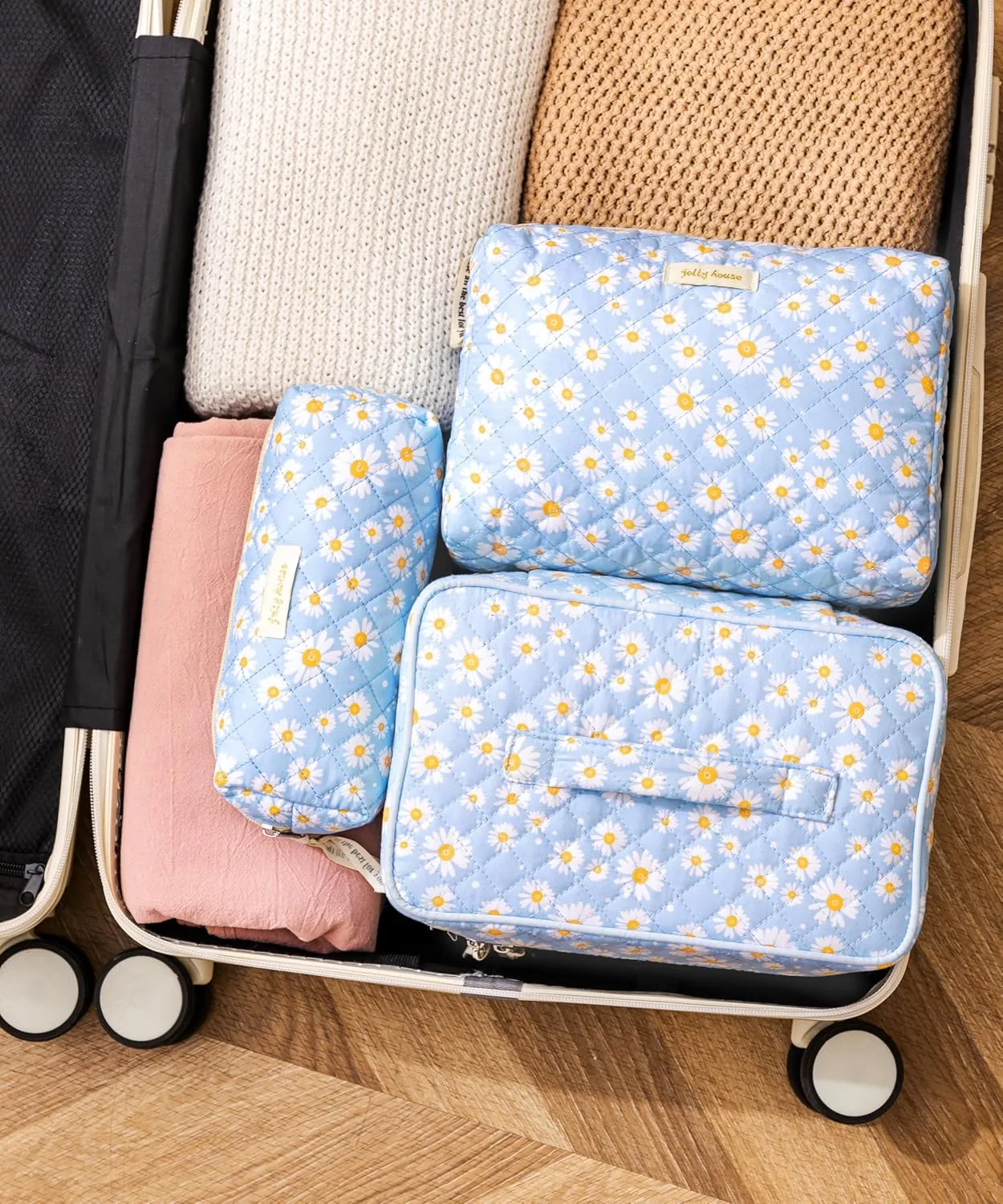 HBselect Quilted Makeup Bag, 3PCS Cotton Large Travel Makeup Bag, Cute Floral Coquette Make up Bag Cosmetic Bag Toiletry Bag for Women Girls