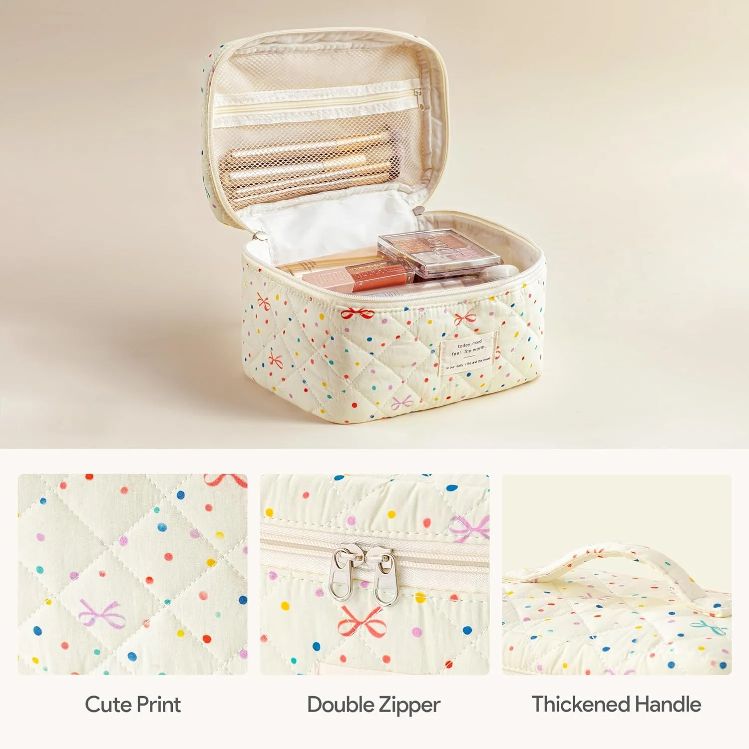 HBselect Quilted Makeup Bag, 3PCS Cotton Large Travel Makeup Bag, Cute Floral Coquette Make up Bag Cosmetic Bag Toiletry Bag for Women Girls