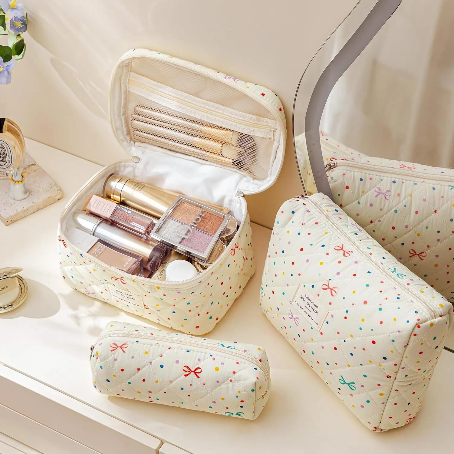 HBselect Quilted Makeup Bag, 3PCS Cotton Large Travel Makeup Bag, Cute Floral Coquette Make up Bag Cosmetic Bag Toiletry Bag for Women Girls