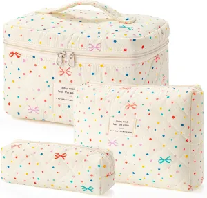 HBselect Quilted Makeup Bag, 3PCS Cotton Large Travel Makeup Bag, Cute Floral Coquette Make up Bag Cosmetic Bag Toiletry Bag for Women Girls