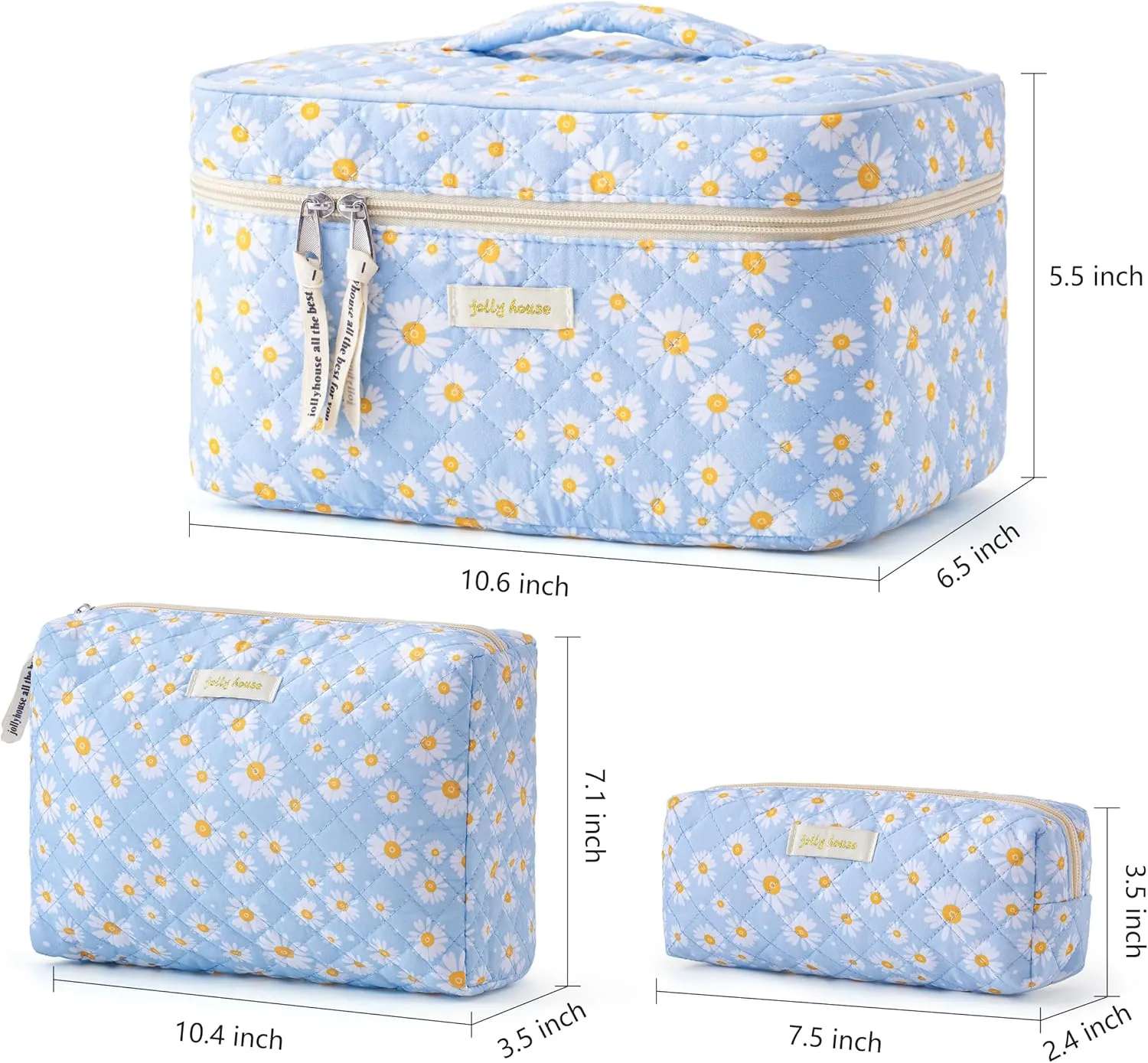 HBselect Quilted Makeup Bag, 3PCS Cotton Large Travel Makeup Bag, Cute Floral Coquette Make up Bag Cosmetic Bag Toiletry Bag for Women Girls